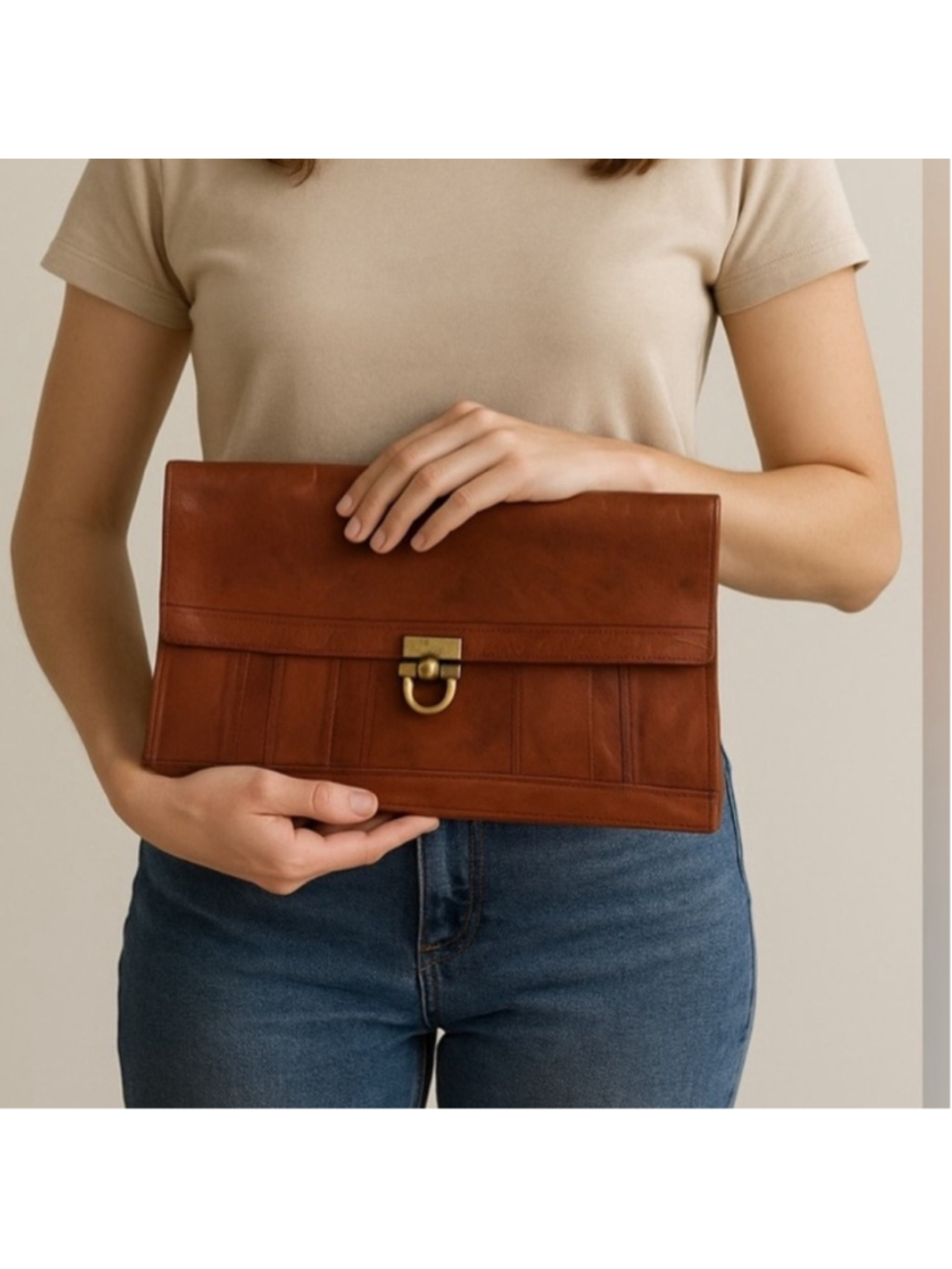 Vintage Leather Clutch Brown Brass Clasp Foldover Bag